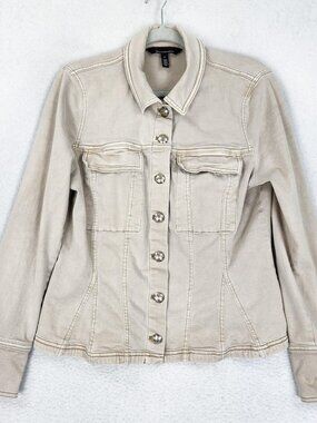 WHBM Jacket Womens Large Beige Tan Denim Jean Button Front Stretch Classic